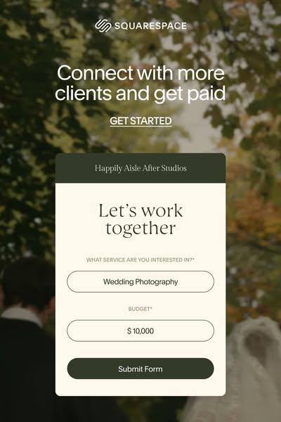 This ad promotes Squarespace as a tool to connect businesses with more clients and get paid. It features a lead generati
