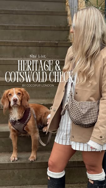 This image features a blond woman and a dog sitting on steps wearing Cocopup London matching products. The products are 