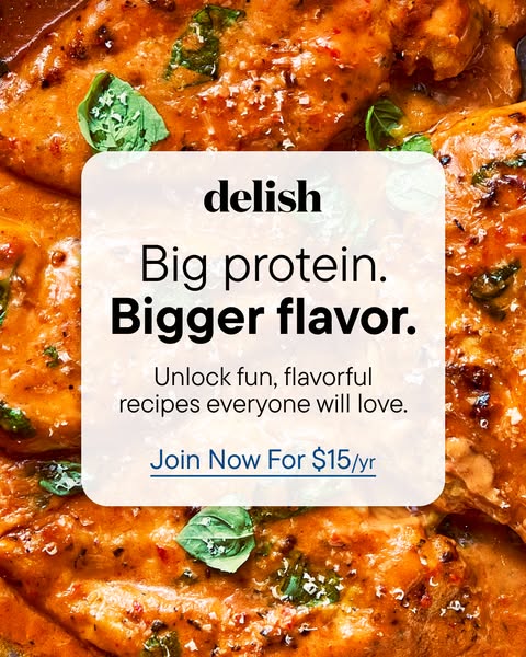 This image ad promotes a Delish recipe subscription service. It features a close-up of a chicken dish with a creamy sauc