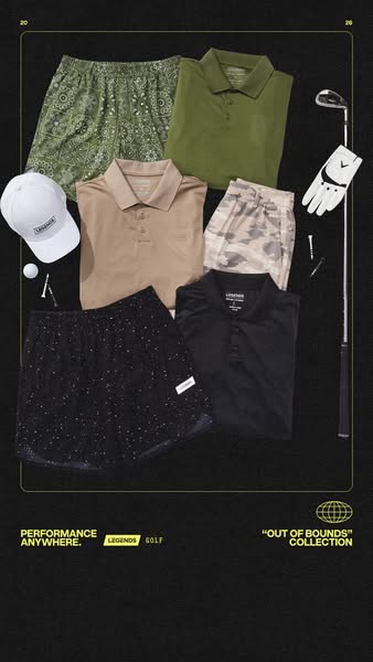 This image ad showcases a collection of men's golf apparel from Legends Golf, featuring various shirts, shorts, a ha