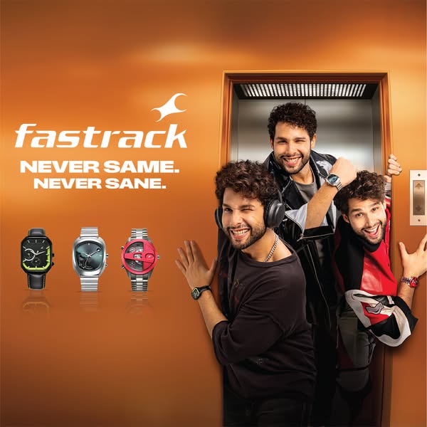 This ad for Fastrack watches features three watches on the left, and a mirrored image of the same man on the right looki