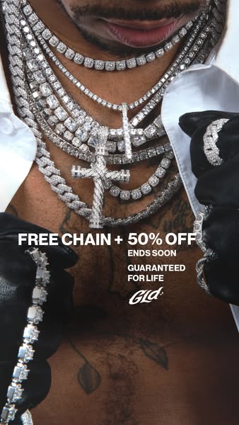 This ad showcases a variety of diamond-encrusted chains and bracelets from GLD, highlighting a limited-time offer of a f