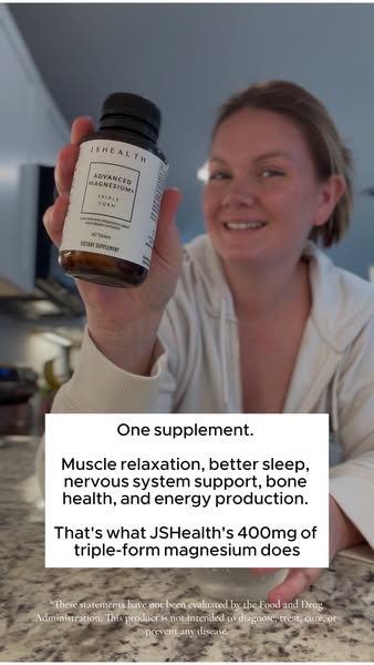 An image ad promoting JSHealth's Advanced Magnesium+ Triple Form supplement for muscle relaxation, better sleep, ner