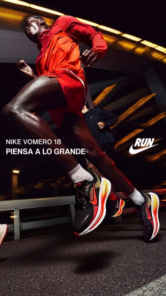 This ad showcases the Nike Vomero 18 running shoes. The ad features a runner in motion, highlighting the shoe's desi