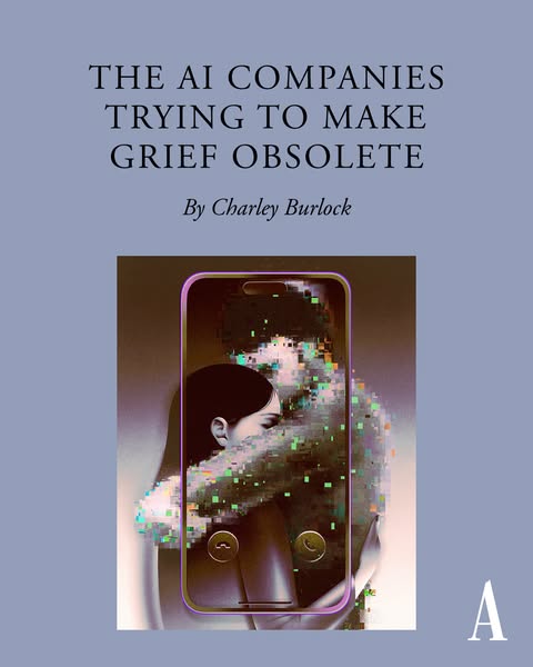 This ad uses a digital illustration to promote AI companies that are trying to make grief obsolete.