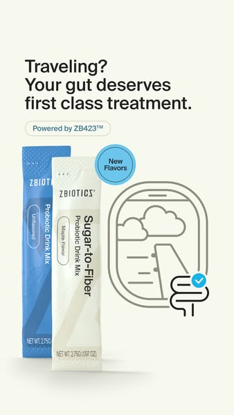 This ad features Zbiotics probiotic drink mix. The ad copy is designed to grab the attention of people who travel, commu