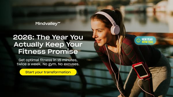 This image ad for Mindvalley promotes a fitness program designed to help people keep their fitness promises in 2026. It 