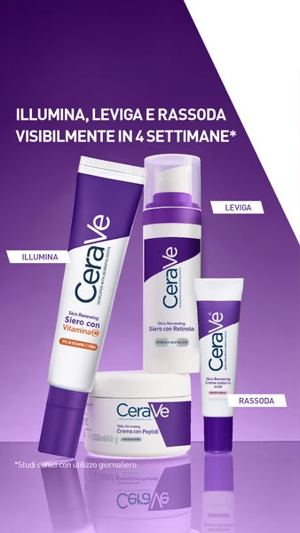 This ad showcases four Cerave products and highlights their benefits. The ad uses the headline "ILLUMINA, LEVIGA E 