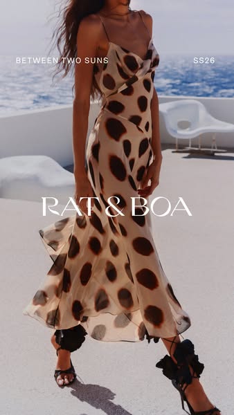 This ad features a woman in a Rat & Boa dress against an ocean backdrop. The ad highlights the brand and the new col