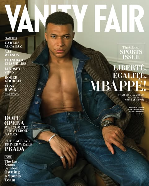 This ad features a magazine cover promoting the Global Sports Issue of Vanity Fair, highlighting Kylian Mbappé. The cove