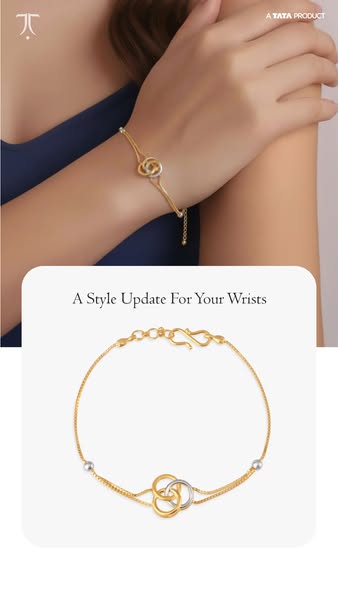 This ad showcases a gold bracelet with a unique interlocking circle design. The ad emphasizes the bracelet's style a