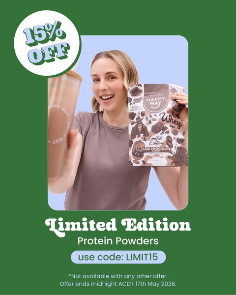 This ad is for Happy Way's limited edition dark chocolate protein powder. The ad shows the protein powder being held