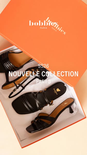 This ad showcases Bobbies Paris new collection of shoes. The ad is set in an opened box and features 3 pairs of black sh