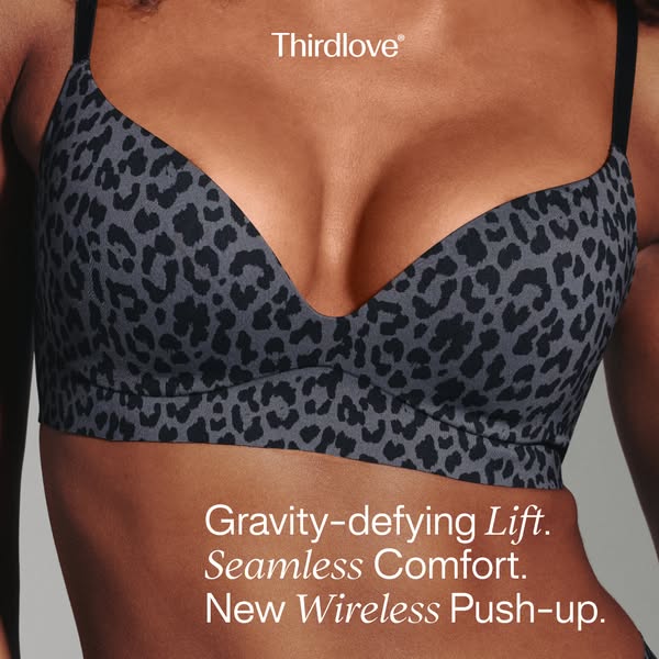 This image ad for Thirdlove features a close-up shot of a woman wearing a wireless push-up bra. The ad highlights the br