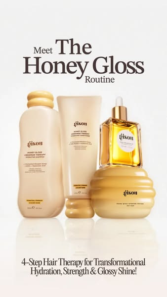 The ad showcases Gisou's Honey Gloss Routine, emphasizing the transformative hydration, strength, and glossy shine i
