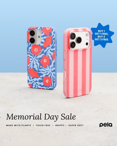 This ad showcases a sale for Pela phone cases in recognition of Memorial Day. Two cases are shown in appealing patterns 