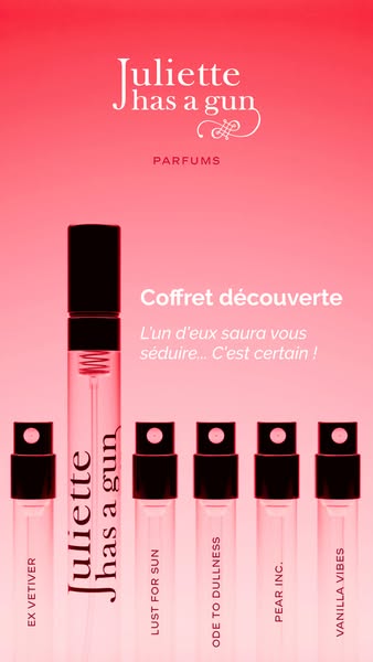 This ad showcases a Juliette Has a Gun discovery set, highlighting the variety of scents available. The ad aims to entic