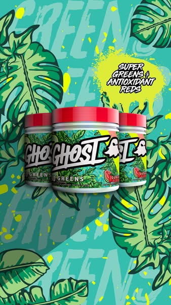 Image ad for Ghost Greens supplement, highlighting its super greens and antioxidant reds. The ad features three containe