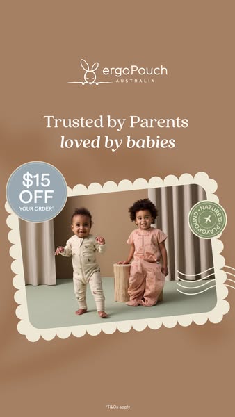 This image ad for ergoPouch features two young children wearing the brand's sleepwear. The ad highlights the brand&#