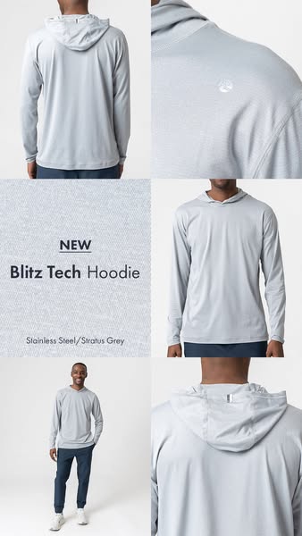 This ad features the Vuori Blitz Tech Hoodie in Stainless Steel/Stratus Grey. It shows multiple angles and close-ups of 