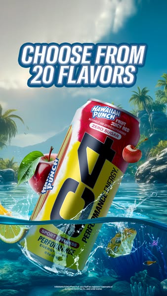 This ad promotes Hawaiian Punch Fruit Juicy Red flavored performance energy drinks that contain zero sugar. The brand su