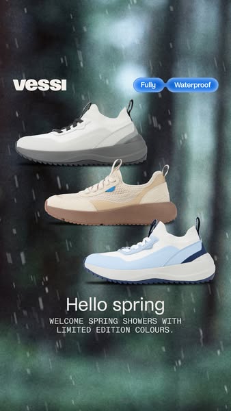 This ad showcases three different color options for Vessi's waterproof shoes. The ad encourages viewers to welcome s