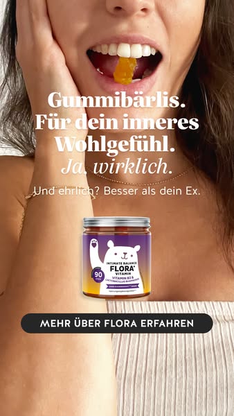 This image ad promotes Flora Intimate Balance Vitamins. The ad features a young woman with a gummy bear in her mouth, al