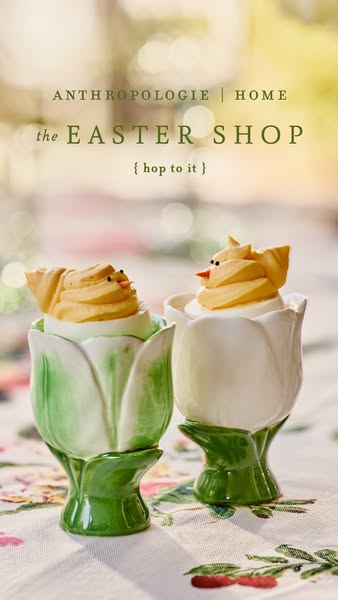 This image ad for Anthropologie Home is advertising their Easter shop with a photo of two tulip shaped egg holders with 