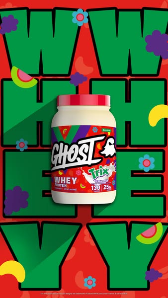 This is a product-focused ad featuring a Ghost brand Trix flavor whey protein container against a background with large,