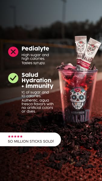 This ad compares Salud drink mix with Pedialyte. Salud is positioned as the better alternative because it is lower in su