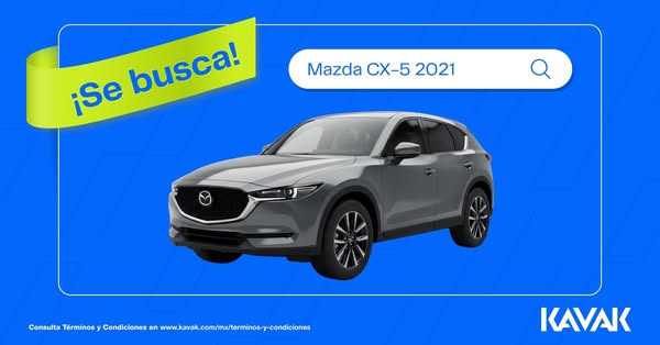 This ad features a gray Mazda CX-5 2021 vehicle against a blue background, with a yellow banner at the top left that say