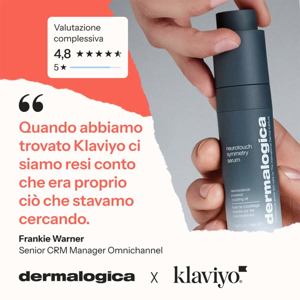 This ad features a testimonial from Frankie Warner, Senior CRM Manager Omnichannel, about how Klaviyo and Dermalogica wo