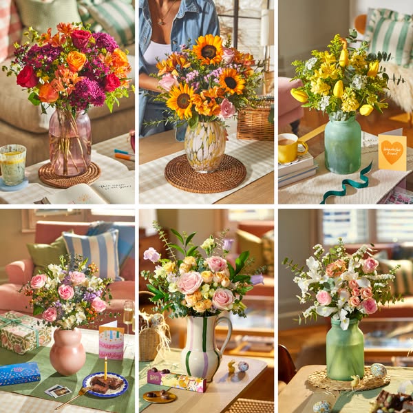This ad features a collage of six different images showcasing various flower bouquets in different vases, placed in diff
