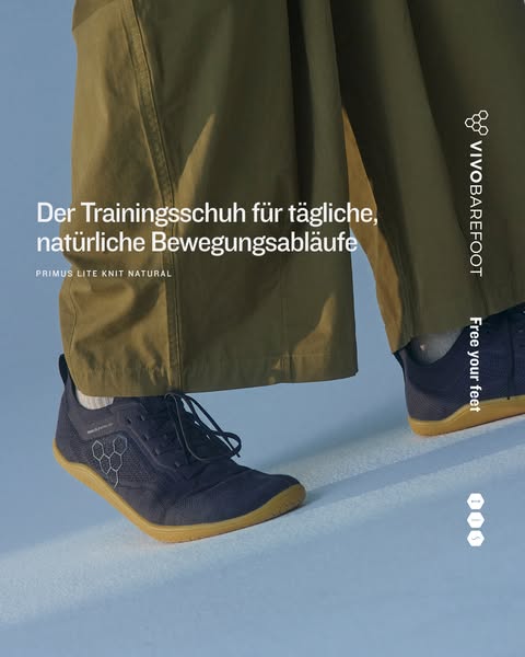 This ad showcases the Primus Lite Knit Natural training shoe by VivoBarefoot, emphasizing its suitability for daily, nat