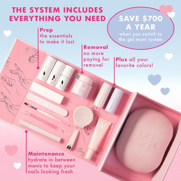 This ad showcases the Olive & June gel manicure system, highlighting its comprehensive nature and cost-saving benefi