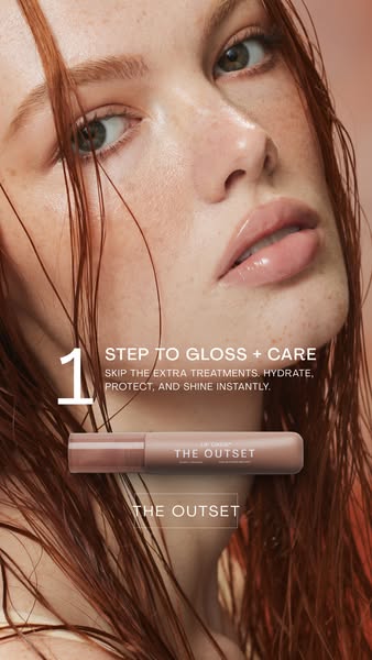 This ad promotes The Outset lip gloss. The ad features a close-up of a woman's face with glossy lips and wet hair. T