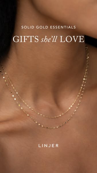This ad showcases Linjer's solid gold essentials, specifically two delicate gold necklaces worn by a model. The ad t