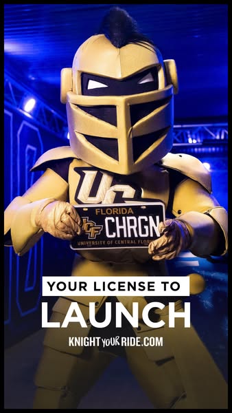This ad features the UCF Knight mascot holding a Florida license plate that reads, "FLORIDA CHRGN UNIVERSITY OF CEN