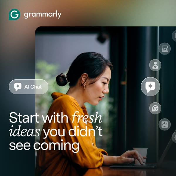 This ad for Grammarly promotes its AI Chat feature, highlighting its ability to generate fresh ideas. The ad features a 