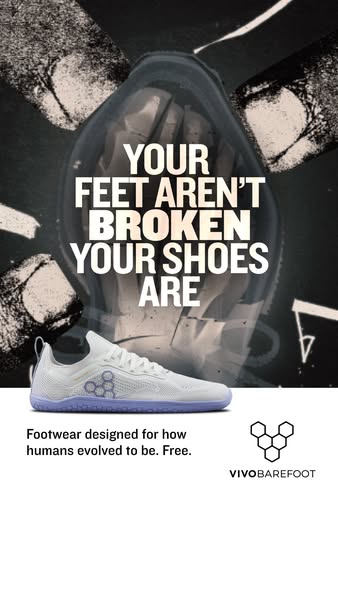 This ad for Vivobarefoot positions the brand as a solution to feet issues caused by modern shoes. The ad features a shoe