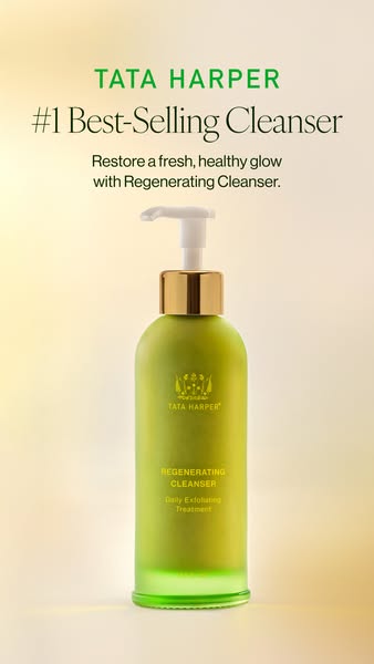 This ad showcases the Tata Harper Regenerating Cleanser. The ad promotes the cleanser as a best-selling product that can