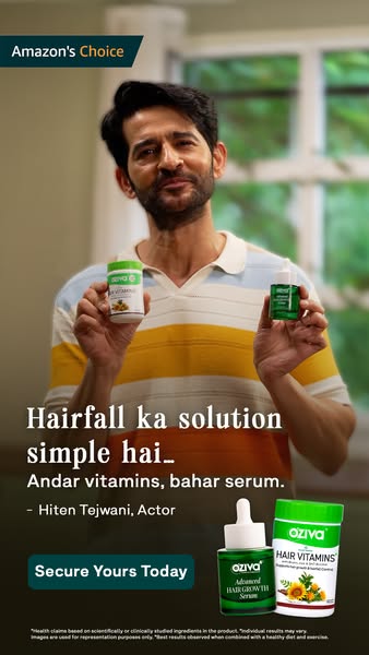 This ad features Hiten Tejwani, an actor, endorsing Oziva hair vitamins and hair growth serum as a solution for hairfall