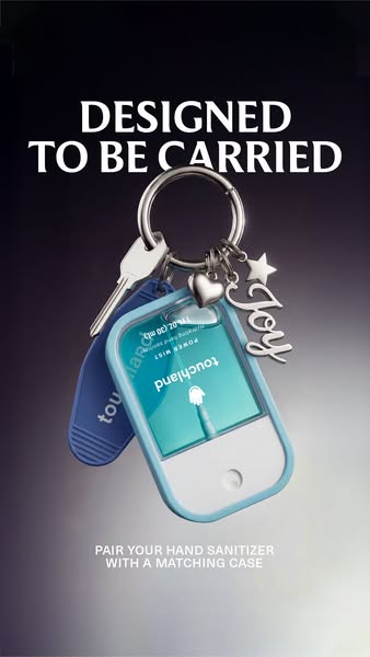 This ad showcases Touchland hand sanitizers as a desirable lifestyle accessory, emphasizing their design and portability