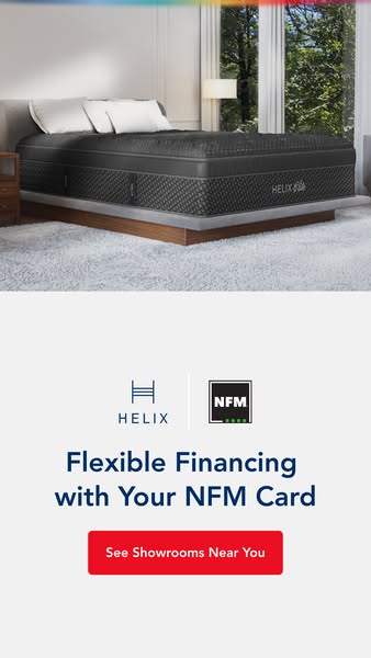 This image ad promotes Helix mattresses, highlighting the availability of flexible financing options through NFM cards a