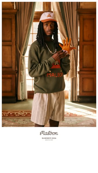 This ad features a man wearing a Malbon sweatshirt, shorts, and hat with a golf glove on one hand. The brand name and &q