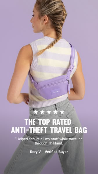This ad shows a lilac anti-theft travel bag worn by a model in front of a lilac background. It includes a top-rated clai