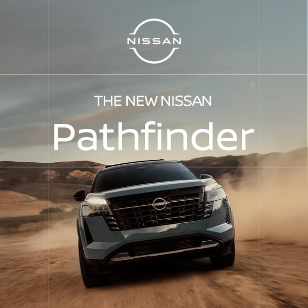 This is an ad for the new Nissan Pathfinder. It shows the new car in a desert landscape.