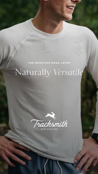 This image ad showcases Tracksmith's Brighton Base Layer shirt on a male model in an outdoor setting. The ad copy hi