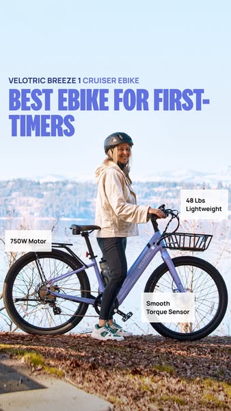 This ad showcases the Velotric Breeze 1 Cruiser ebike, highlighting its key features and benefits for first-time ebike u