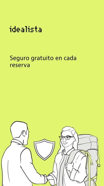 This ad for idealista promotes free insurance on every booking. The ad features a simple, clean illustration of a handsh